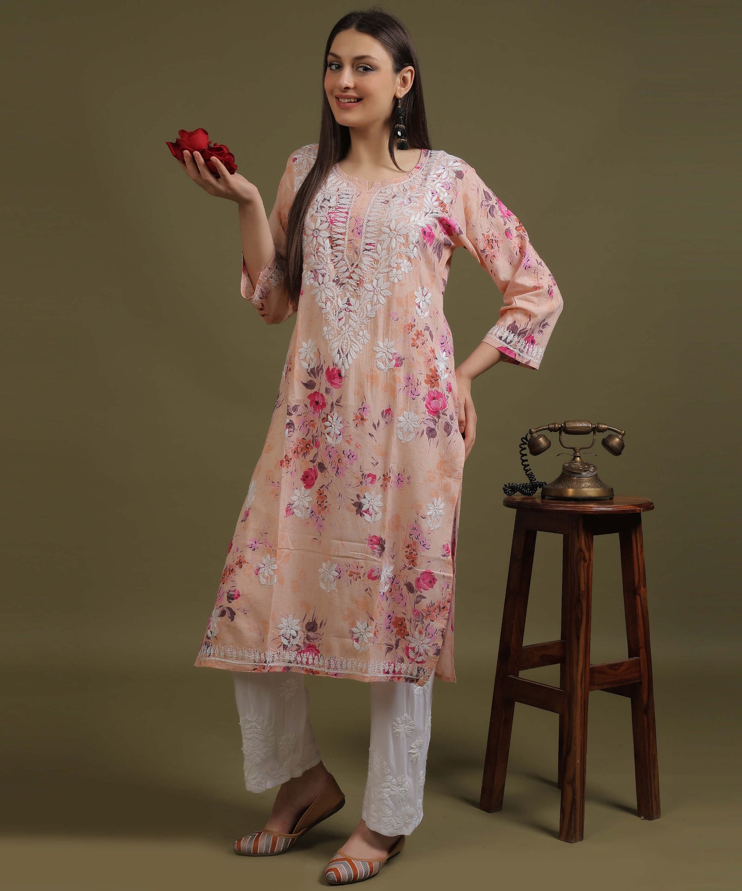 NEA Chikankari Mulmul Printed Peach Kurta With White Embroidery