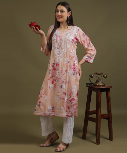 NEA Chikankari Mulmul Printed Peach Kurta With White Embroidery