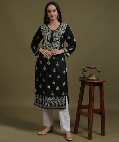 NEA Chikankari Black Cotton Kurti With Shaded Green Embroidery