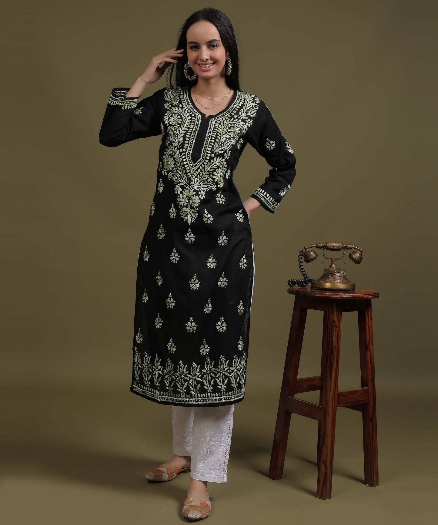 NEA Chikankari Black Cotton Kurti With Shaded Green Embroidery