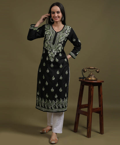 NEA Chikankari Black Cotton Kurti With Shaded Green Embroidery