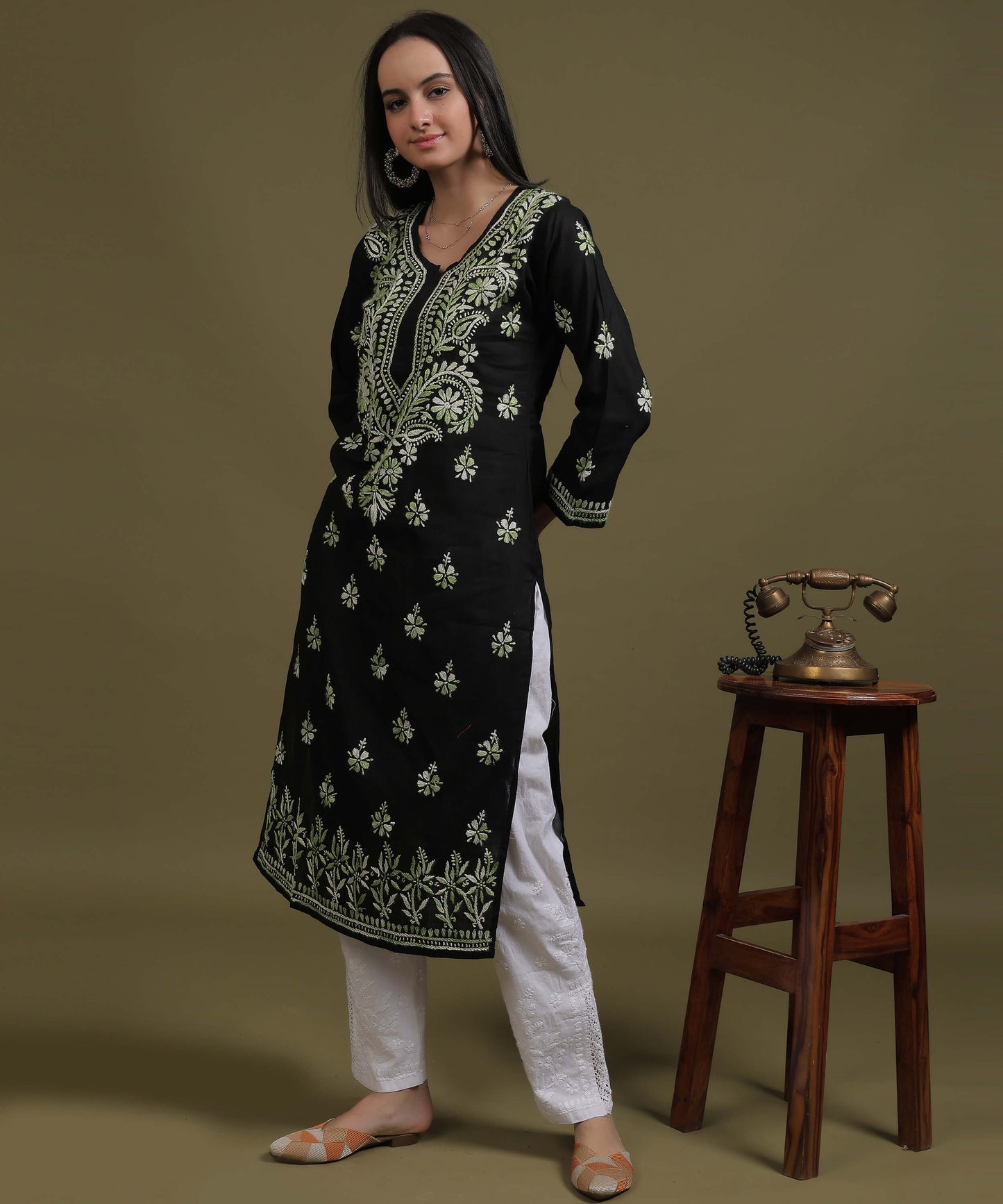 NEA Chikankari Black Cotton Kurti With Shaded Green Embroidery