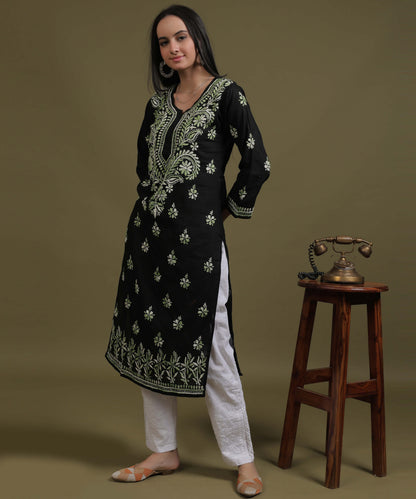 NEA Chikankari Black Cotton Kurti With Shaded Green Embroidery