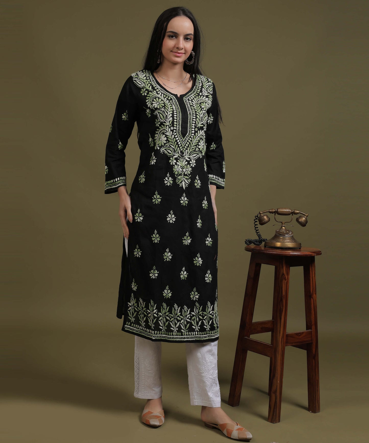 NEA Chikankari Black Cotton Kurti With Shaded Green Embroidery