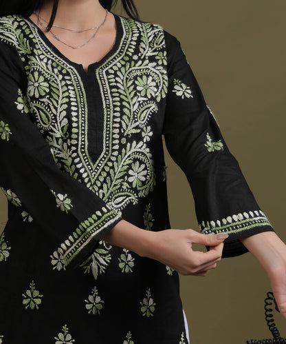 NEA Chikankari Black Cotton Kurti With Shaded Green Embroidery