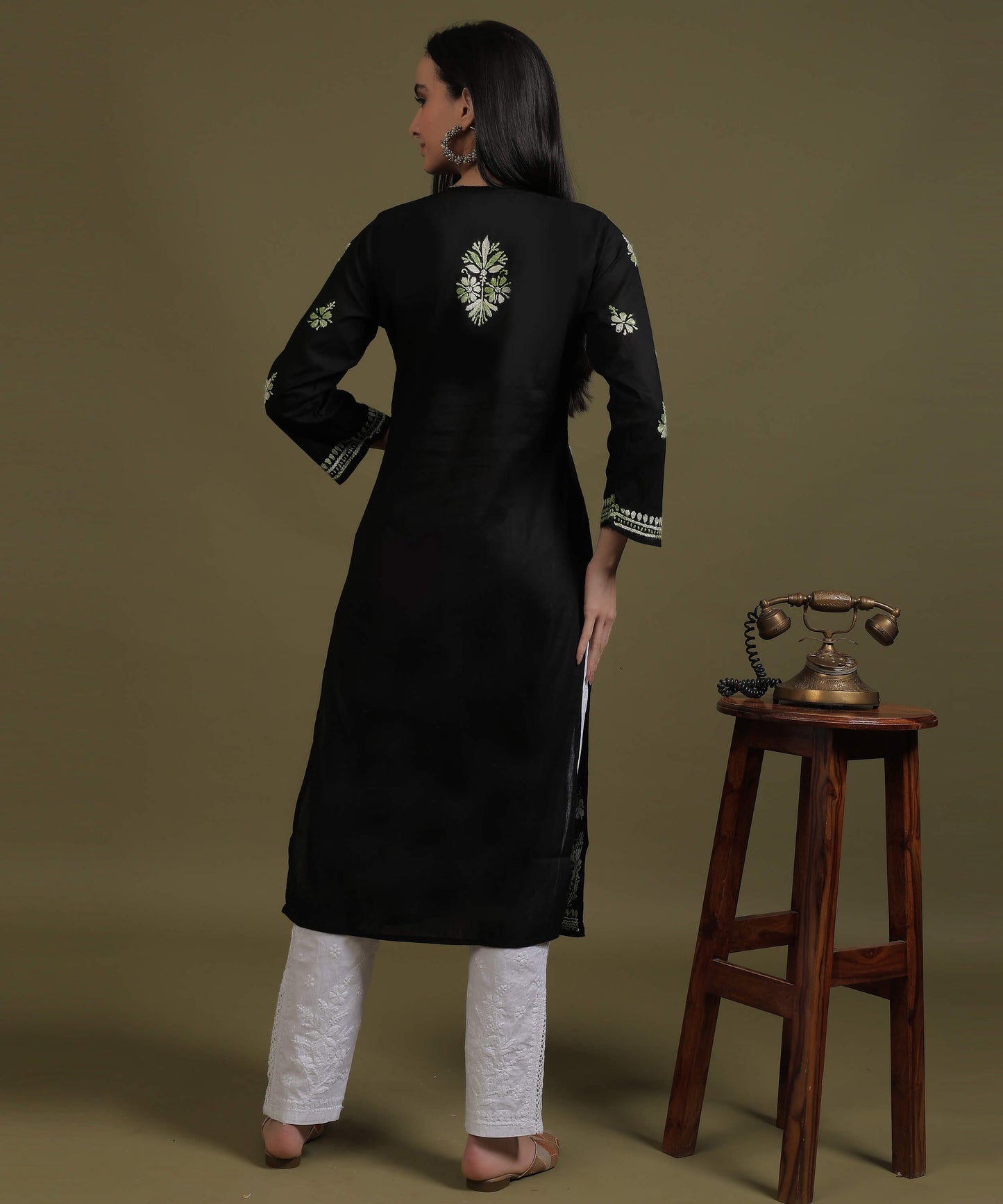 NEA Chikankari Black Cotton Kurti With Shaded Green Embroidery