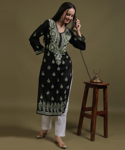NEA Chikankari Black Cotton Kurti With Shaded Green Embroidery