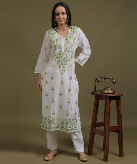 NEA Chikankari White Cotton Kurti With Shaded Green Embroidery