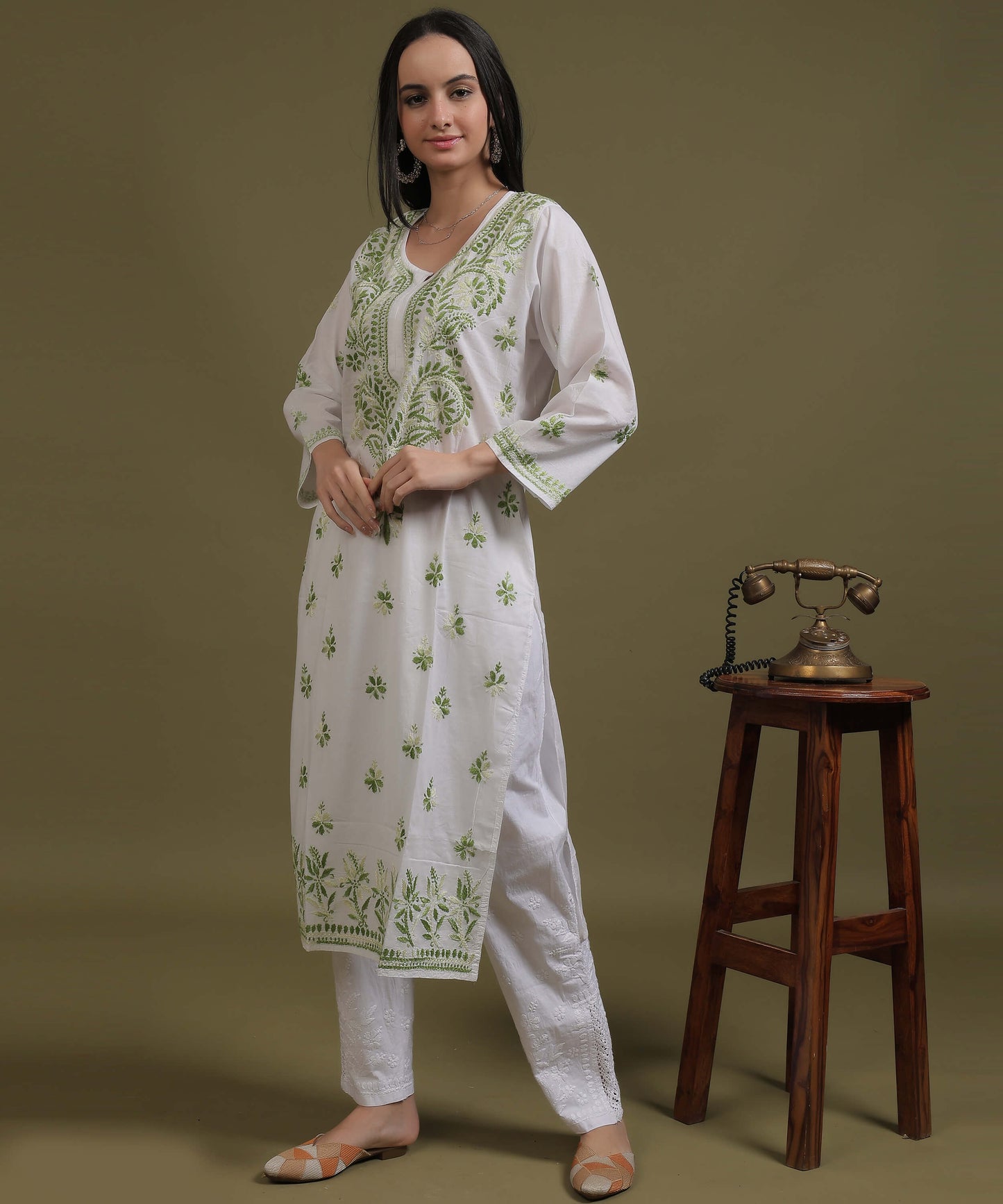 NEA Chikankari White Cotton Kurti With Shaded Green Embroidery
