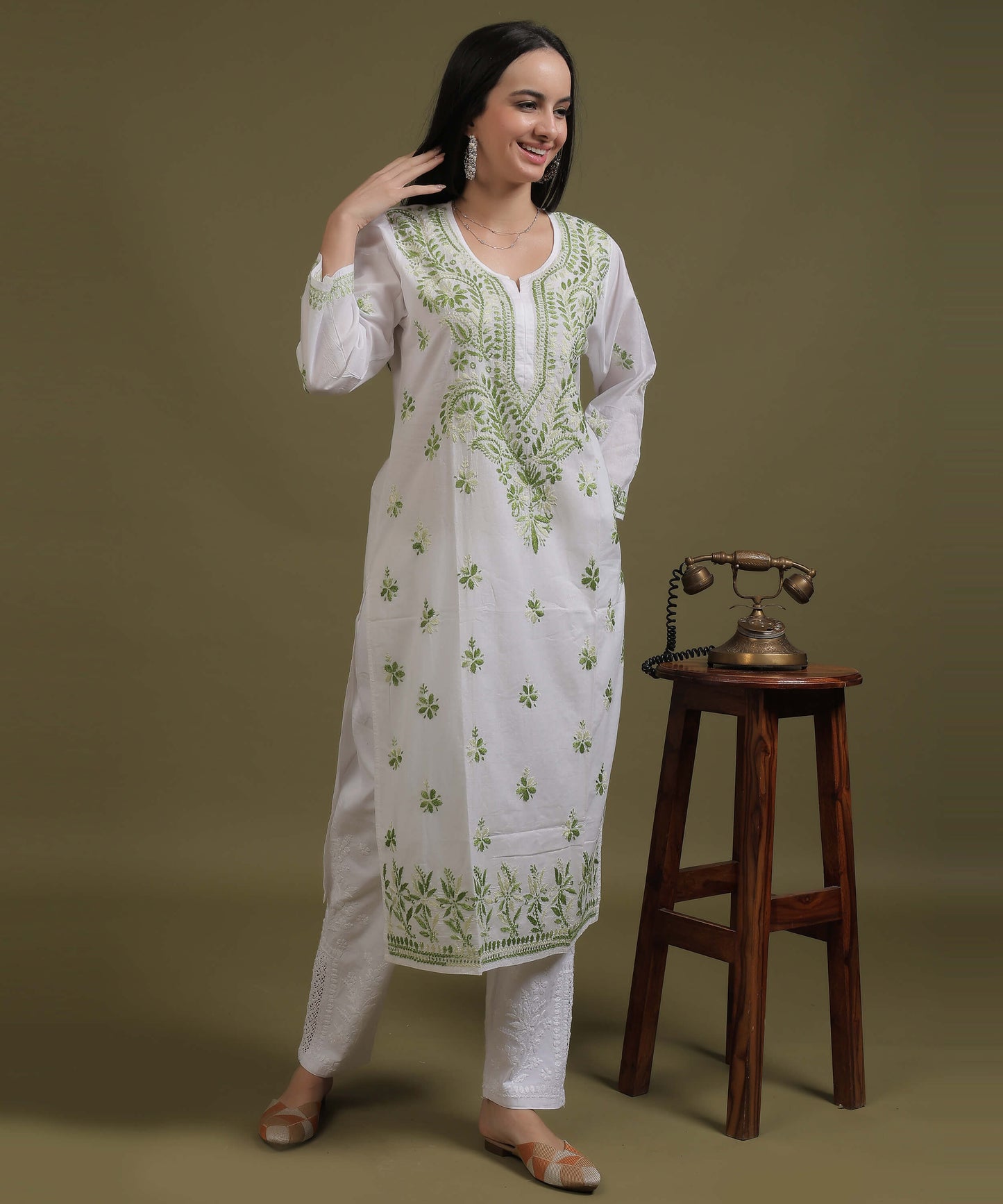 NEA Chikankari White Cotton Kurti With Shaded Green Embroidery