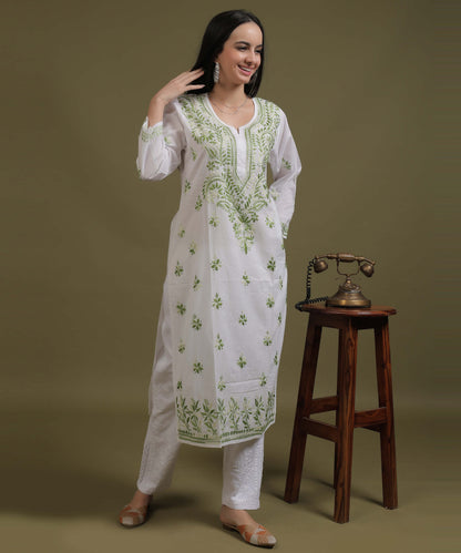 NEA Chikankari White Cotton Kurti With Shaded Green Embroidery