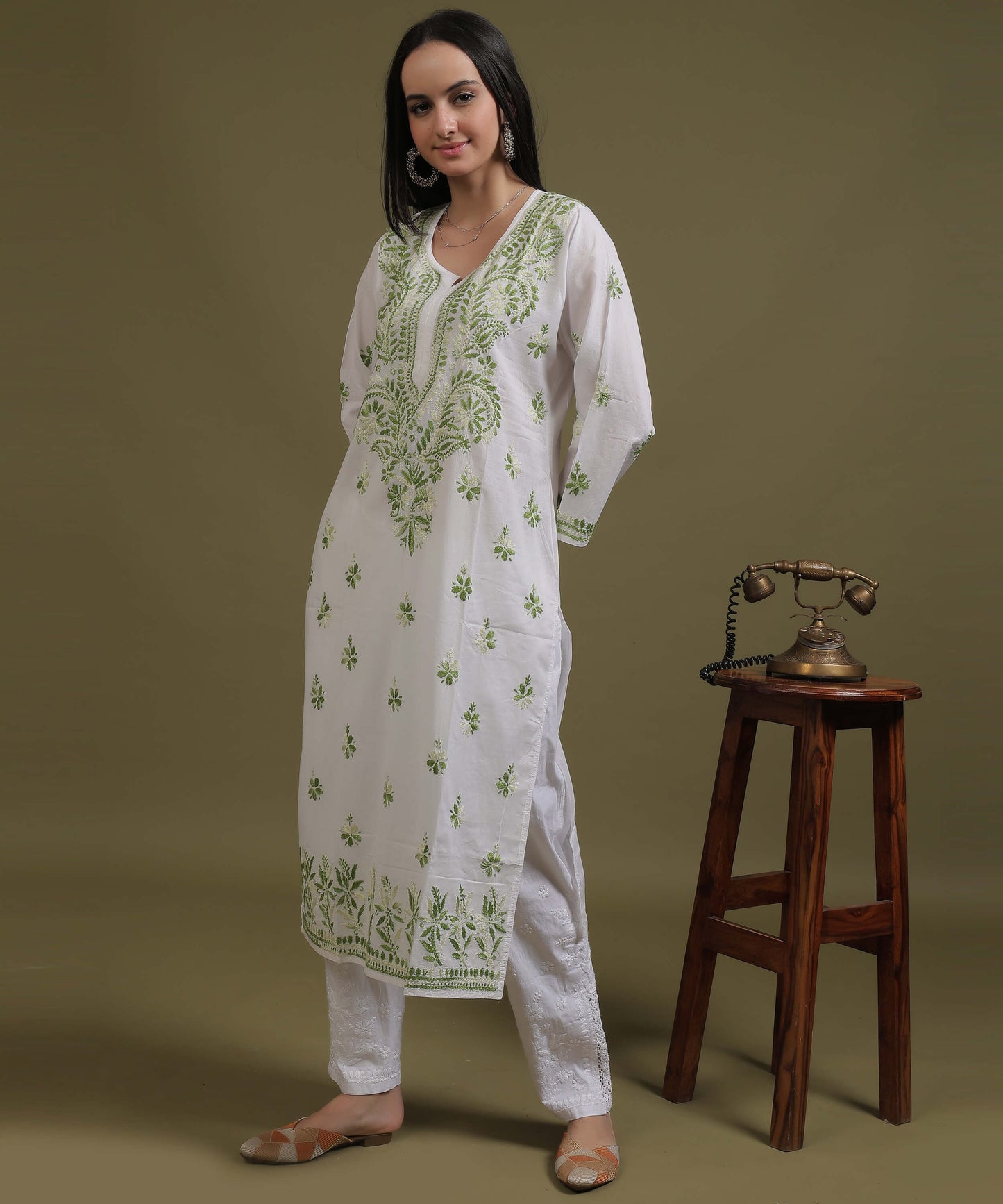 NEA Chikankari White Cotton Kurti With Shaded Green Embroidery