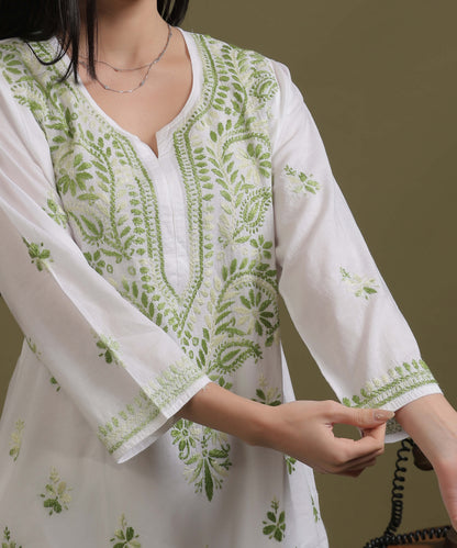 NEA Chikankari White Cotton Kurti With Shaded Green Embroidery