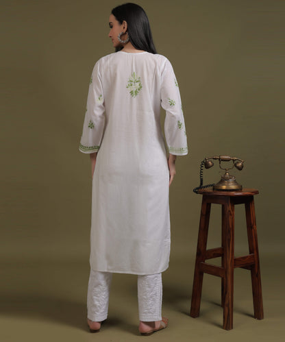 NEA Chikankari White Cotton Kurti With Shaded Green Embroidery