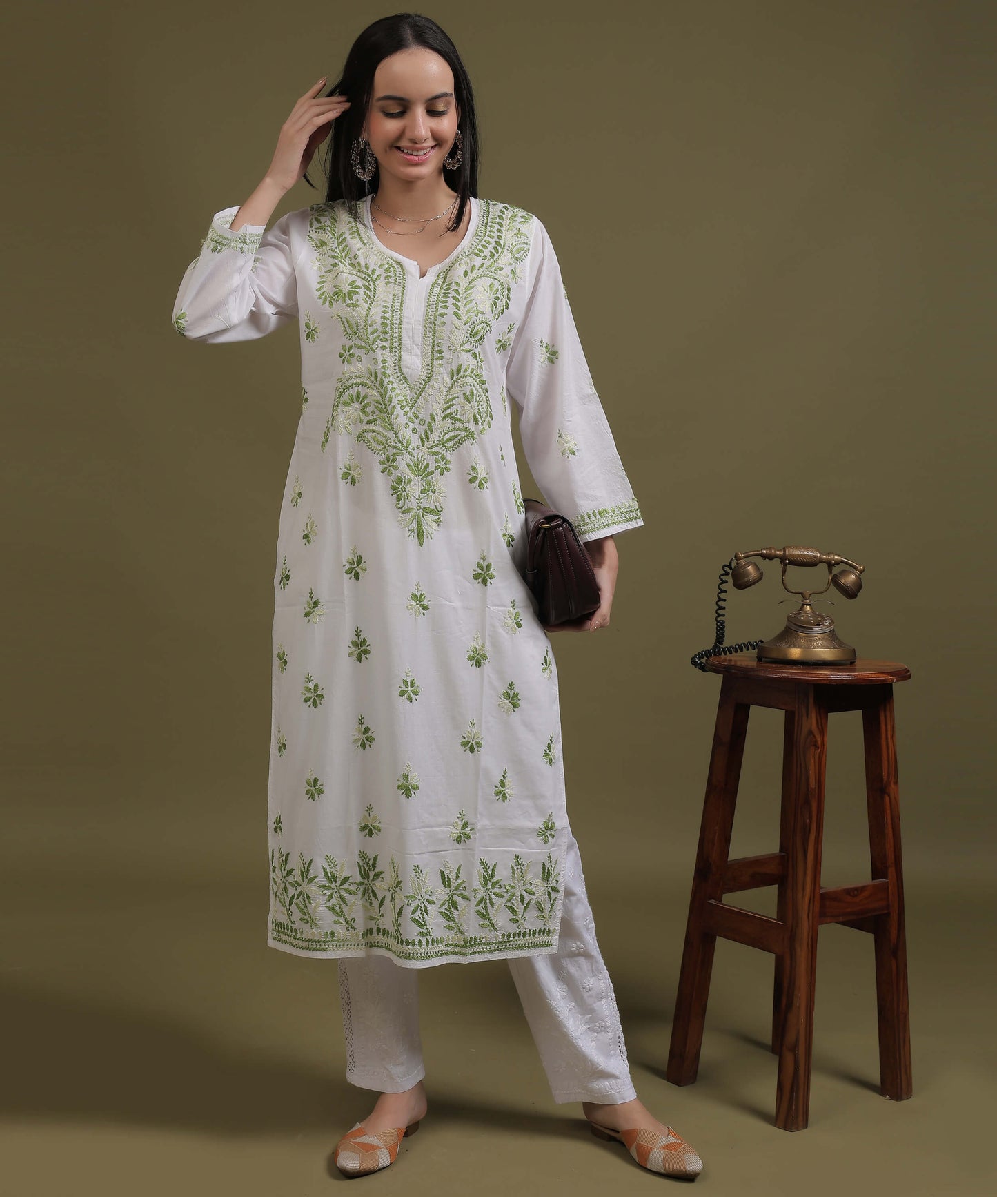 NEA Chikankari White Cotton Kurti With Shaded Green Embroidery
