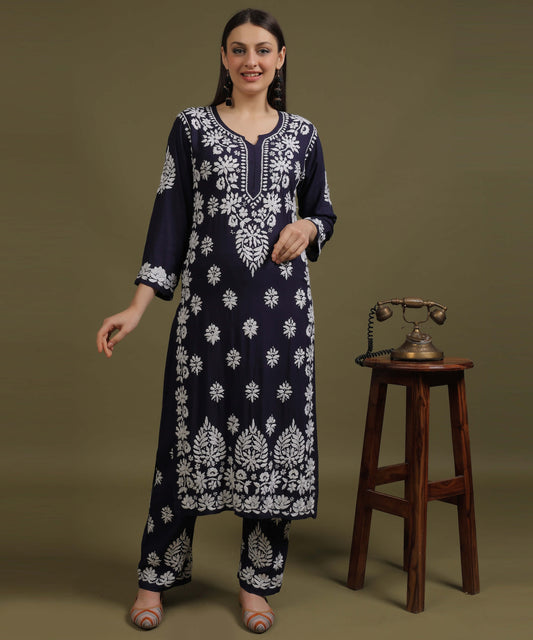 NEA Chikankari Handcrafted Rayon Palazzo Set - Navy Blue