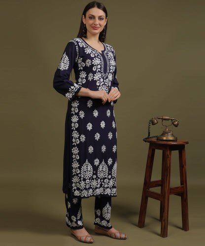 NEA Chikankari Handcrafted Rayon Palazzo Set - Navy Blue