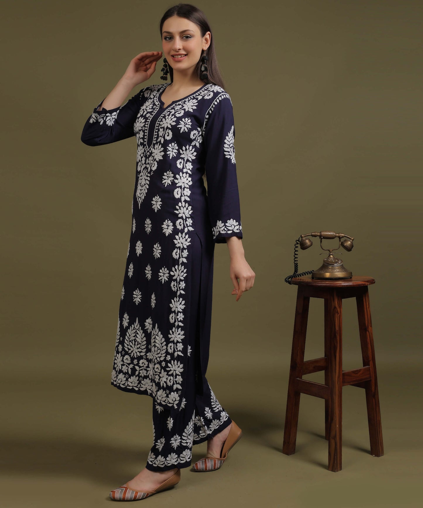 NEA Chikankari Handcrafted Rayon Palazzo Set - Navy Blue