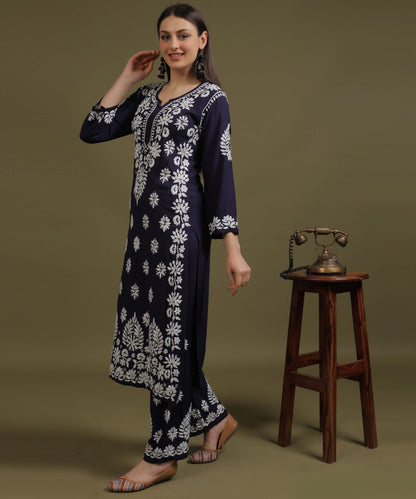 NEA Chikankari Handcrafted Rayon Palazzo Set - Navy Blue
