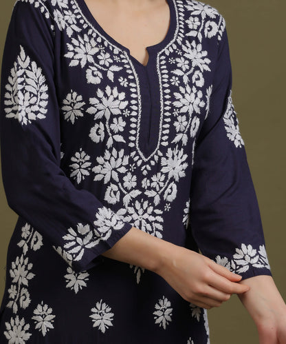 NEA Chikankari Handcrafted Rayon Palazzo Set - Navy Blue