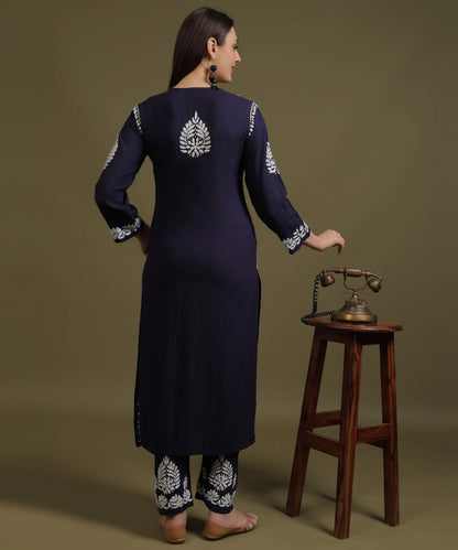 NEA Chikankari Handcrafted Rayon Palazzo Set - Navy Blue