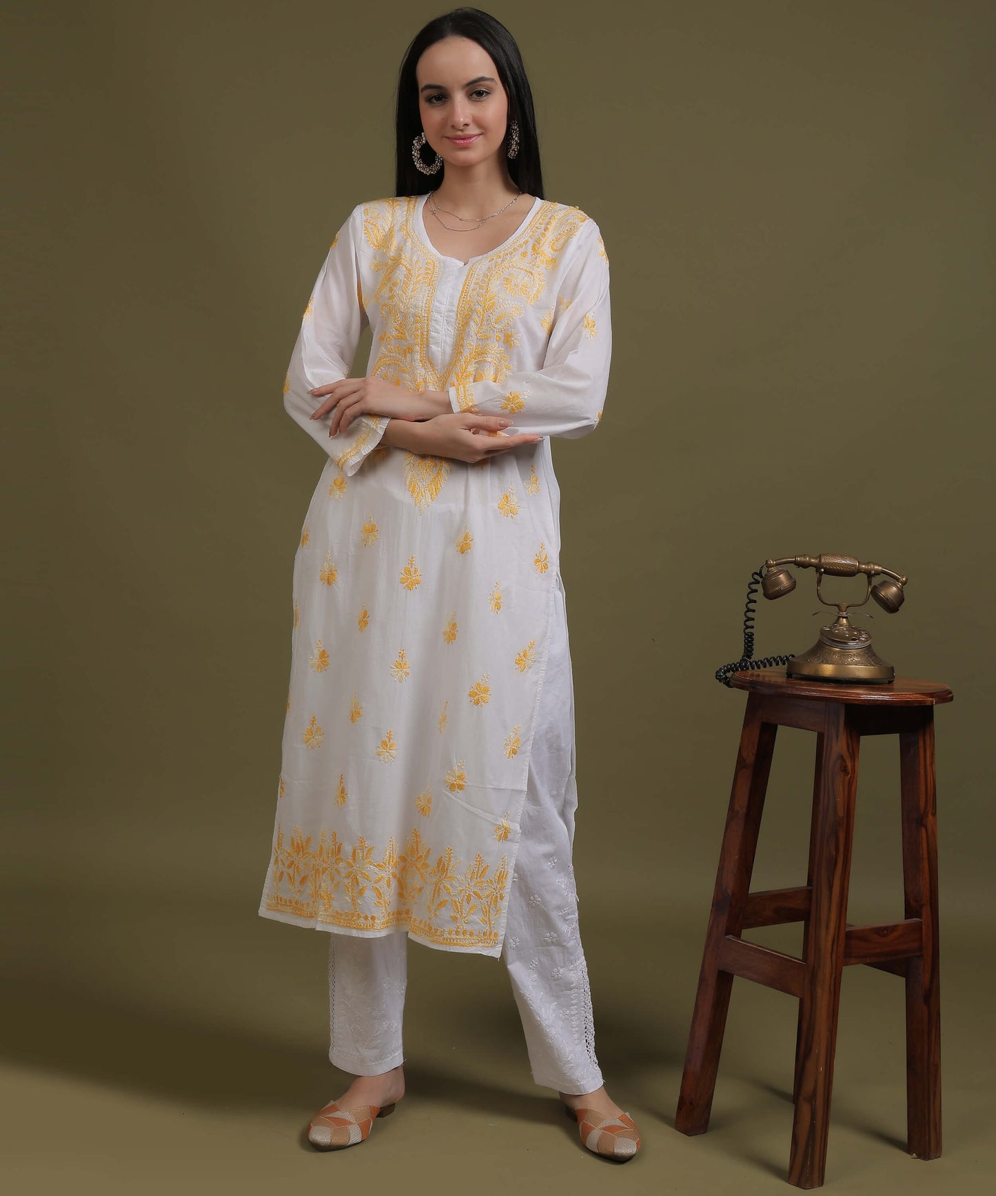 NEA Chikankari White Cotton Kurti With Shaded Yellow Embroidery