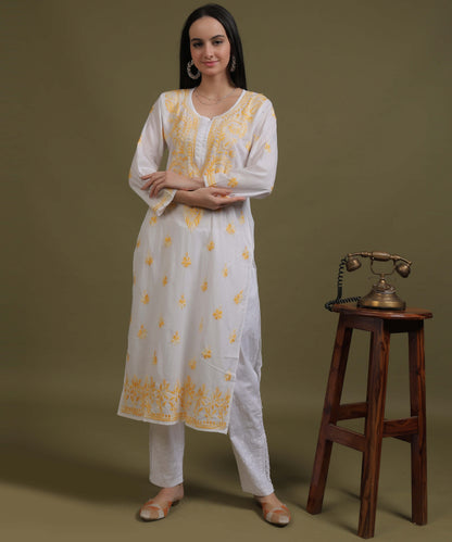 NEA Chikankari White Cotton Kurti With Shaded Yellow Embroidery