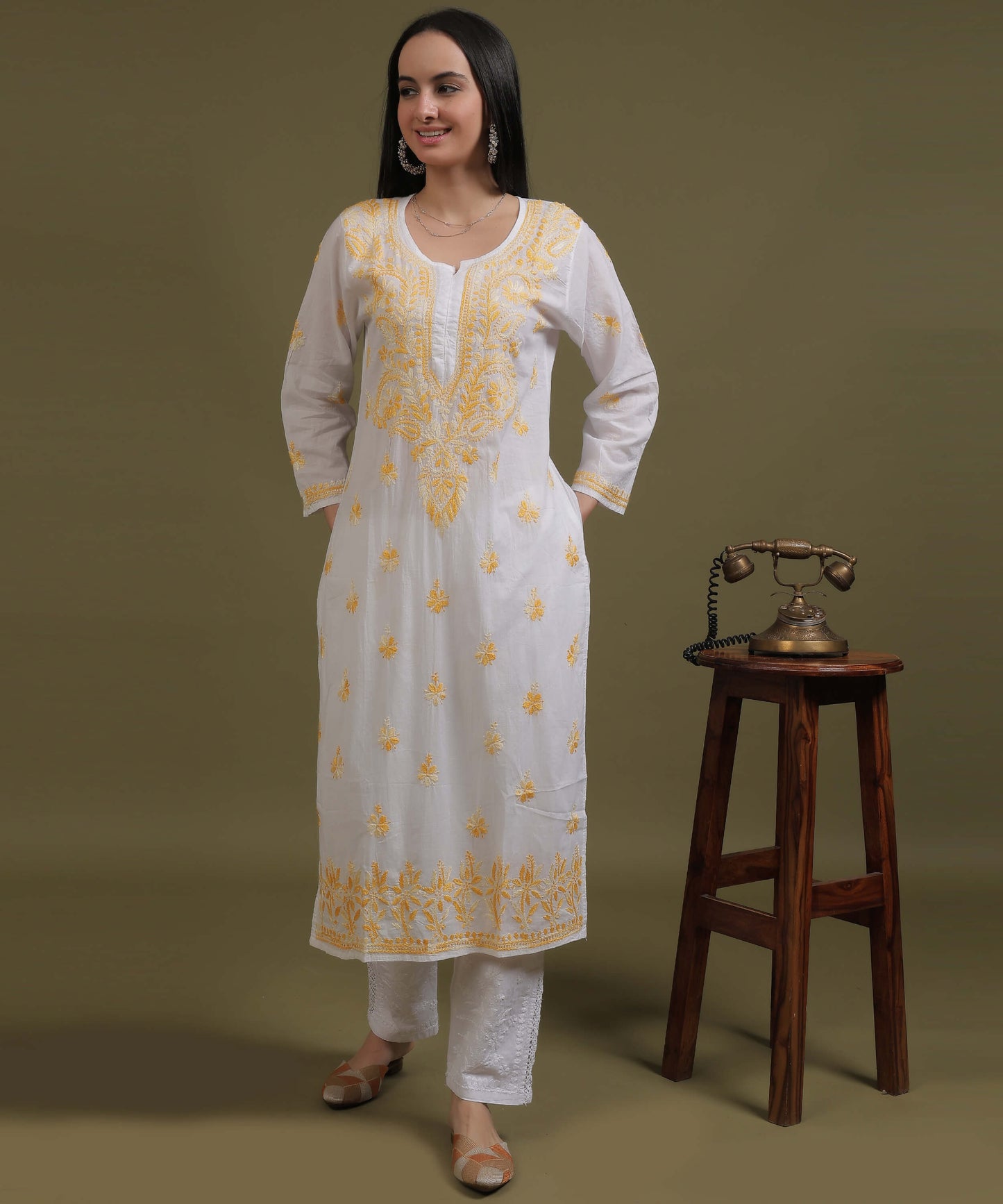 NEA Chikankari White Cotton Kurti With Shaded Yellow Embroidery