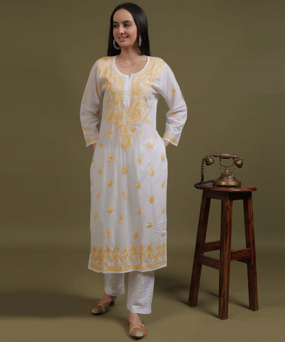 NEA Chikankari White Cotton Kurti With Shaded Yellow Embroidery