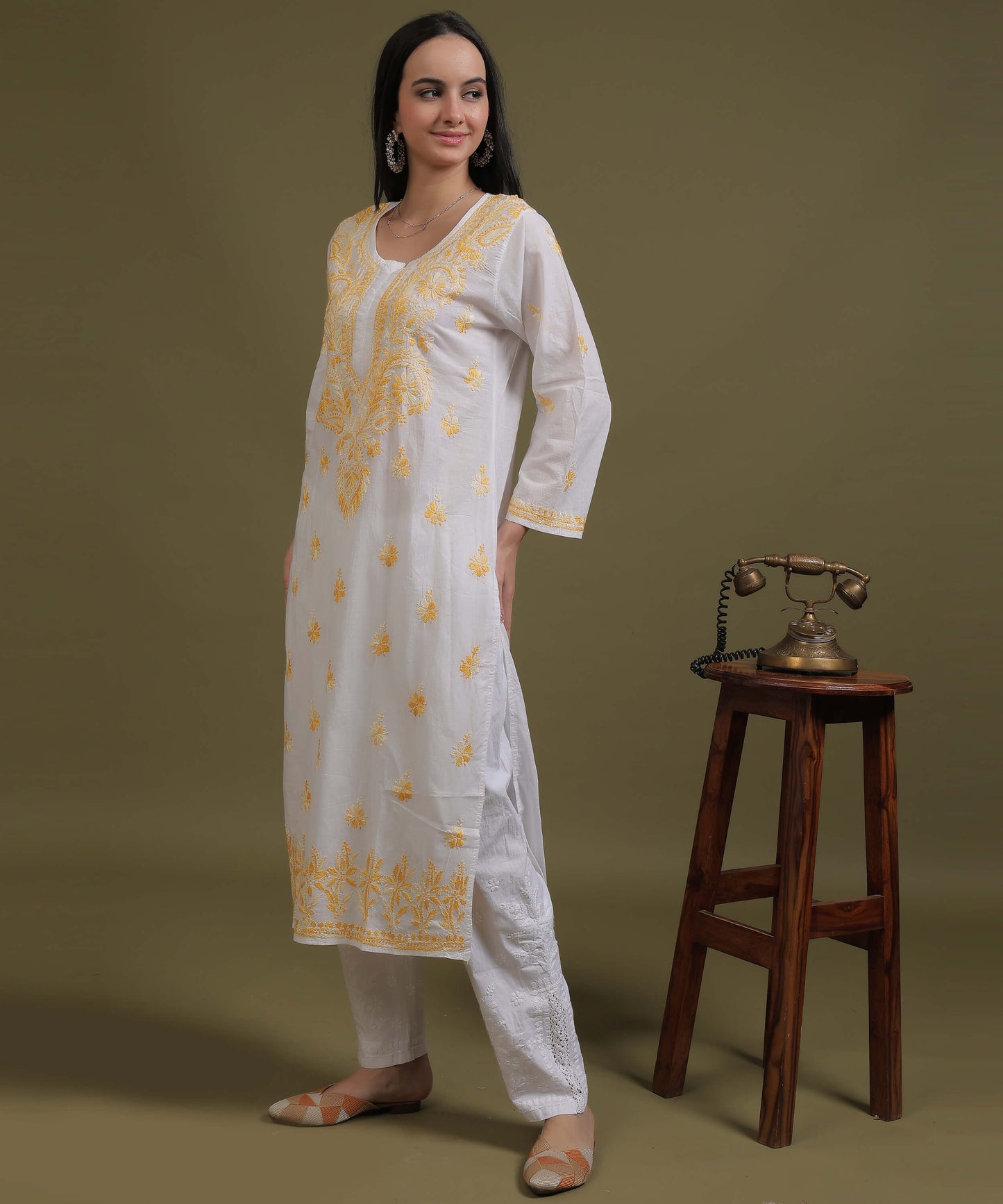 NEA Chikankari White Cotton Kurti With Shaded Yellow Embroidery