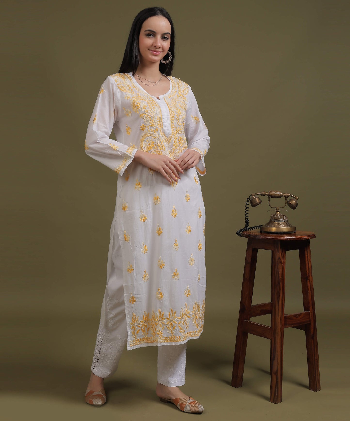NEA Chikankari White Cotton Kurti With Shaded Yellow Embroidery