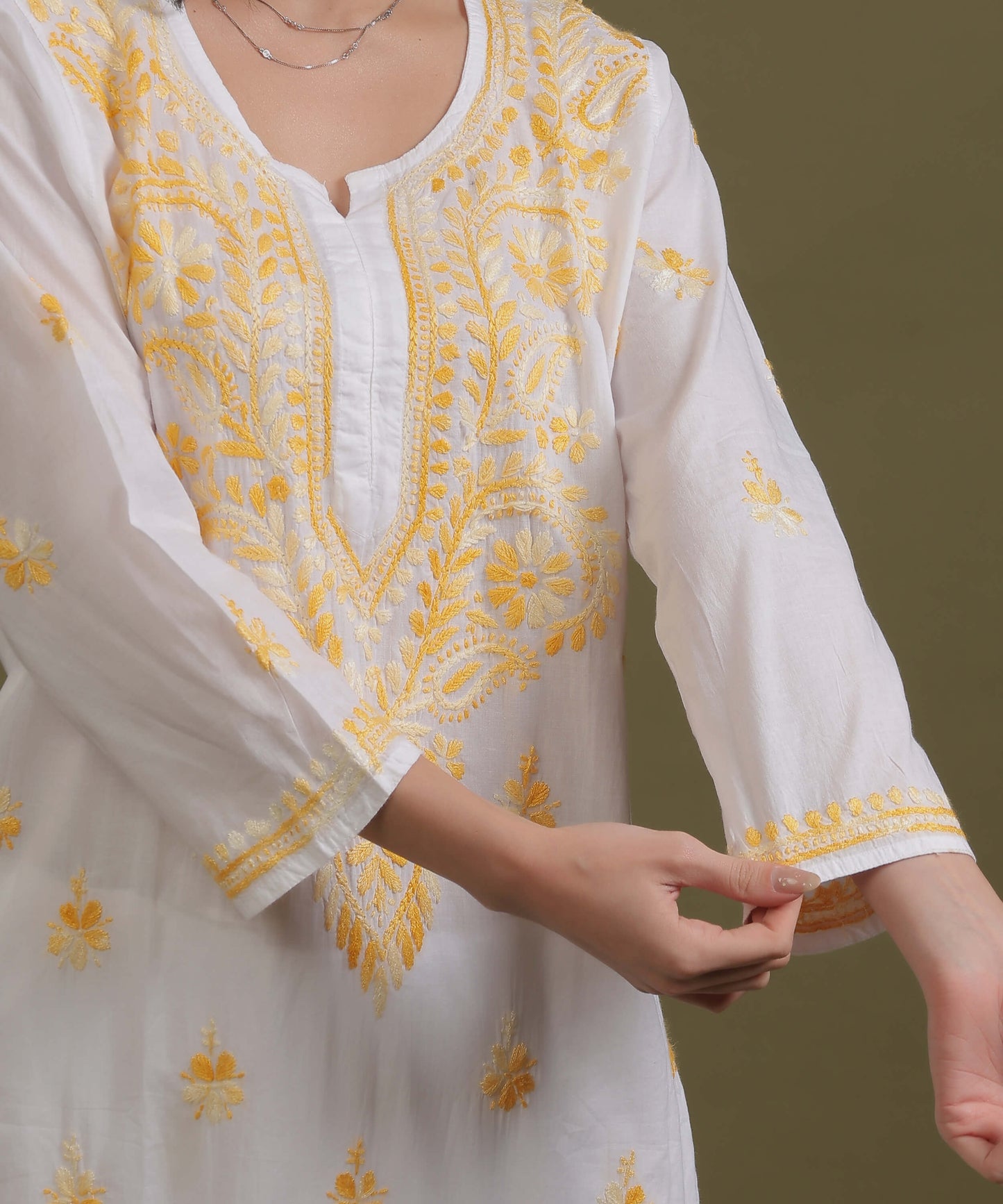NEA Chikankari White Cotton Kurti With Shaded Yellow Embroidery