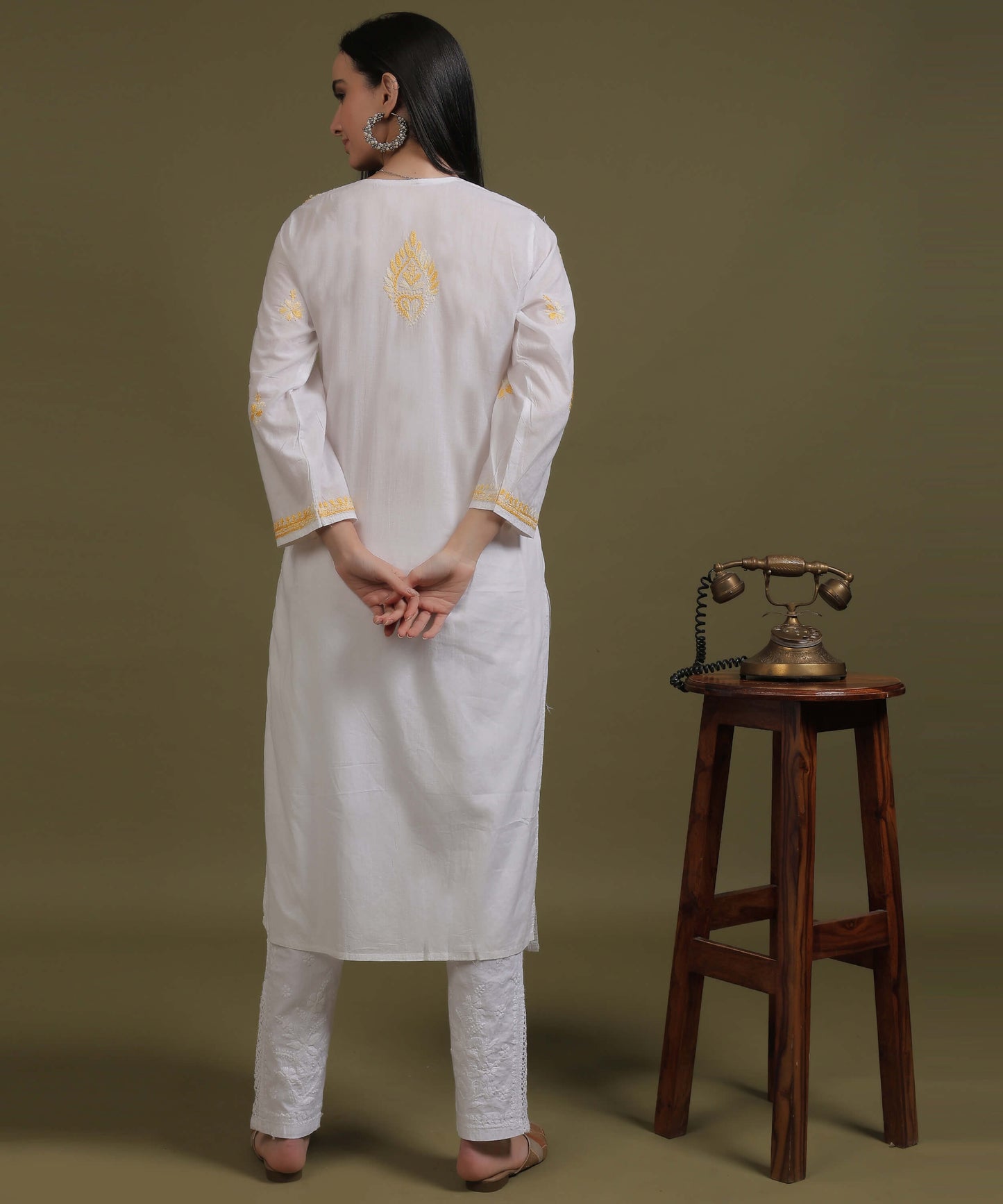 NEA Chikankari White Cotton Kurti With Shaded Yellow Embroidery