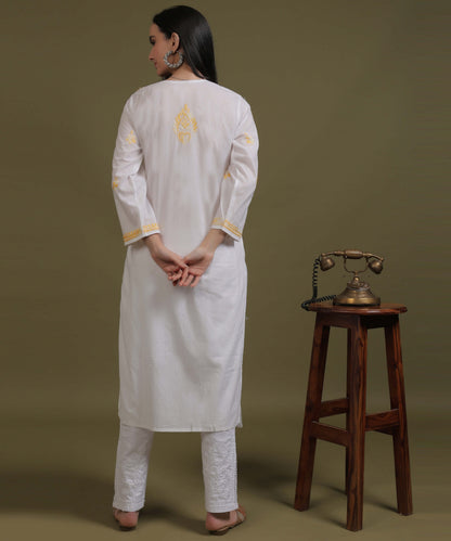 NEA Chikankari White Cotton Kurti With Shaded Yellow Embroidery