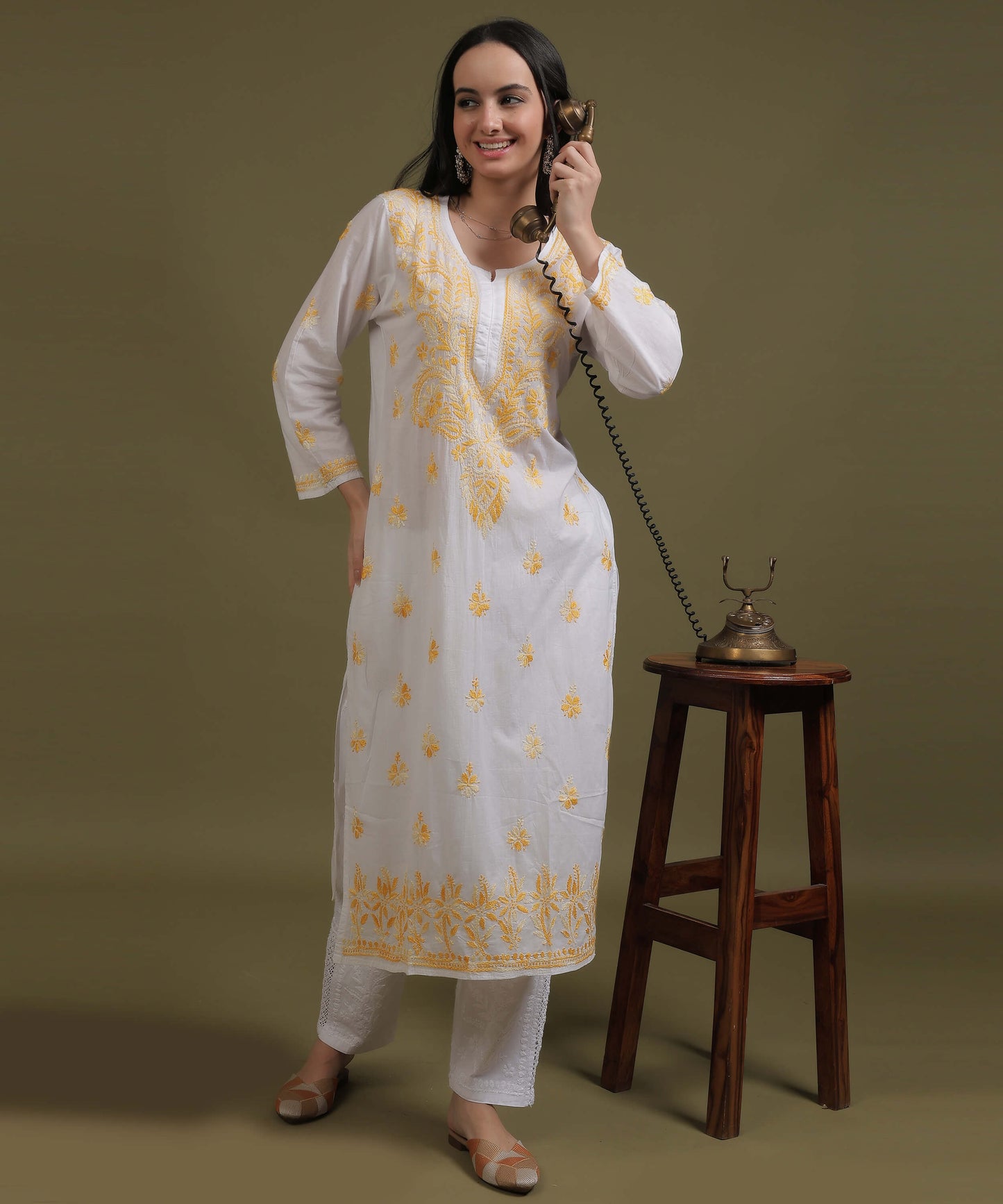 NEA Chikankari White Cotton Kurti With Shaded Yellow Embroidery