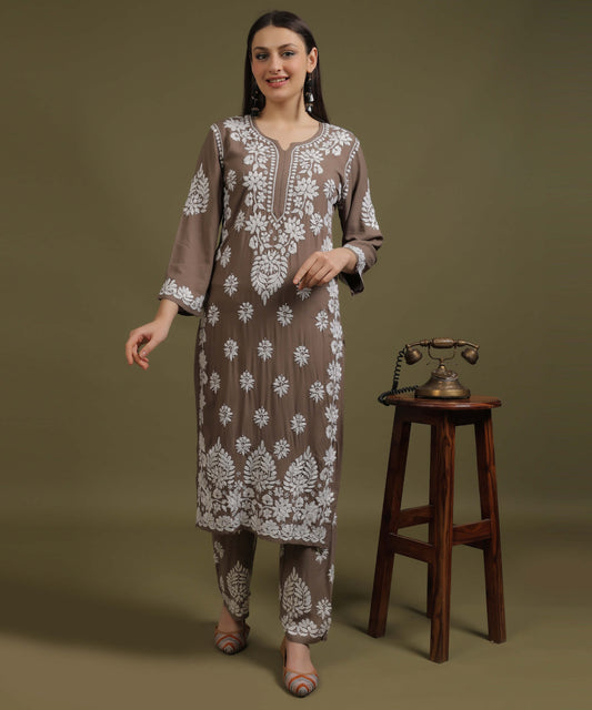 NEA Chikankari Handcrafted Rayon Palazzo Set - Grayish Brown