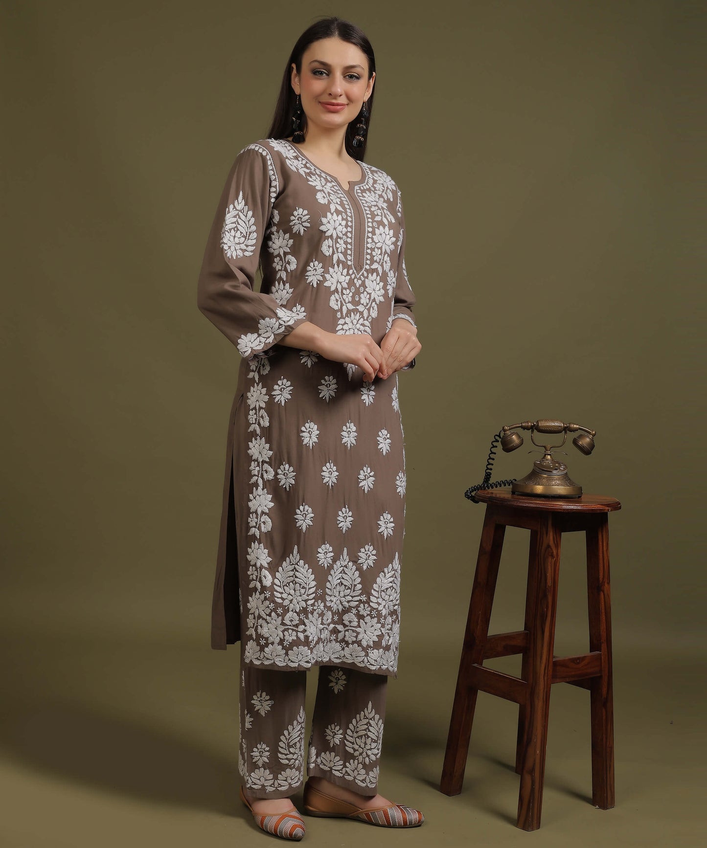 NEA Chikankari Handcrafted Rayon Palazzo Set - Grayish Brown
