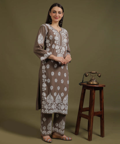 NEA Chikankari Handcrafted Rayon Palazzo Set - Grayish Brown