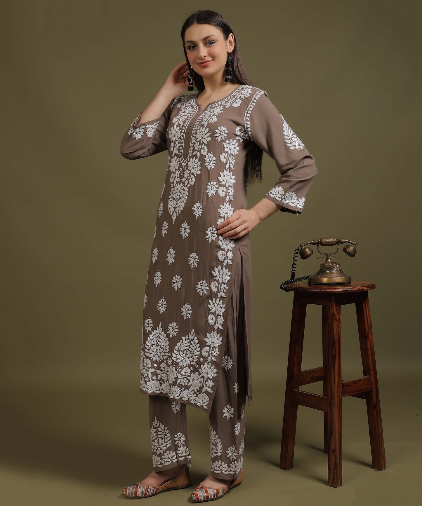 NEA Chikankari Handcrafted Rayon Palazzo Set - Grayish Brown