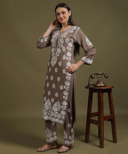 NEA Chikankari Handcrafted Rayon Palazzo Set - Grayish Brown