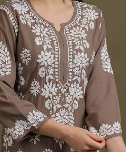 NEA Chikankari Handcrafted Rayon Palazzo Set - Grayish Brown