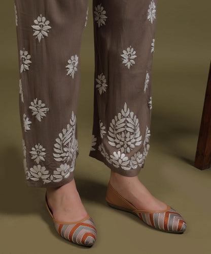 NEA Chikankari Handcrafted Rayon Palazzo Set - Grayish Brown