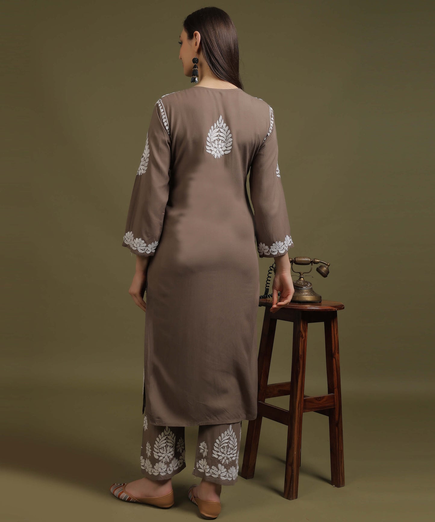 NEA Chikankari Handcrafted Rayon Palazzo Set - Grayish Brown