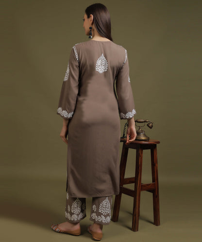 NEA Chikankari Handcrafted Rayon Palazzo Set - Grayish Brown