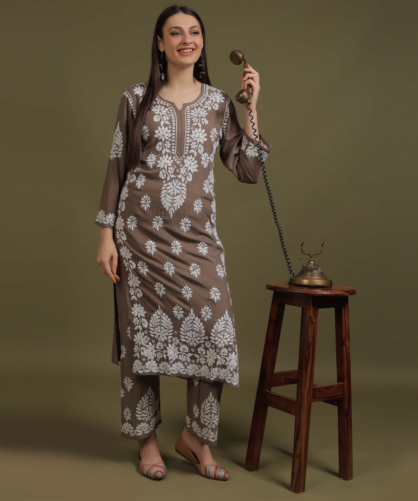 NEA Chikankari Handcrafted Rayon Palazzo Set - Grayish Brown