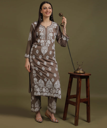NEA Chikankari Handcrafted Rayon Palazzo Set - Grayish Brown