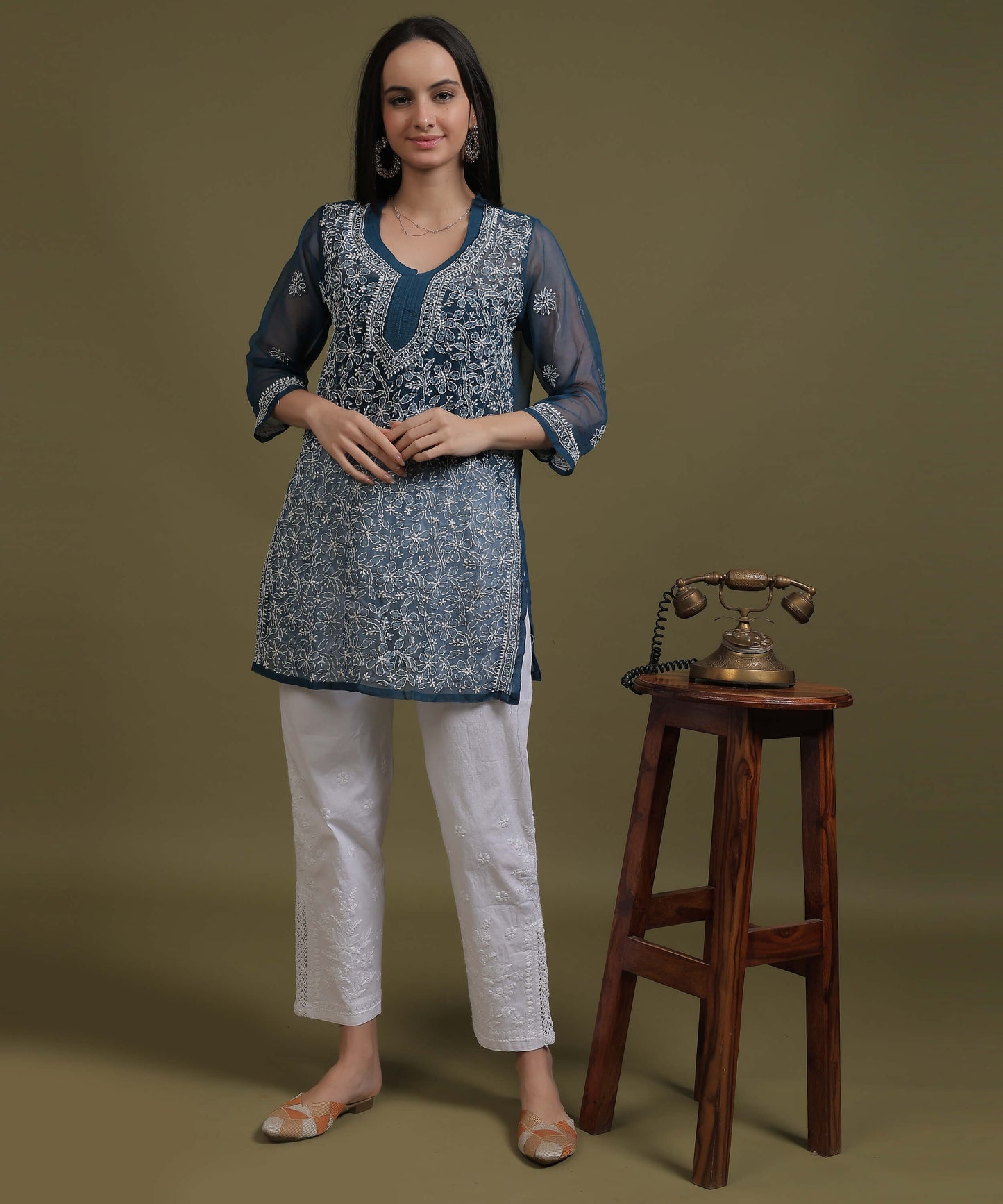 NEA Chikankari Teal Blue Georgette Short Kurti With White Embroidery