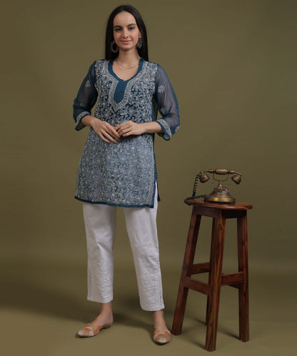 NEA Chikankari Teal Blue Georgette Short Kurti With White Embroidery