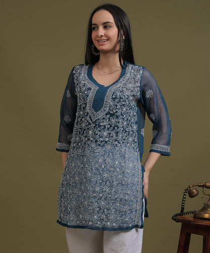 NEA Chikankari Teal Blue Georgette Short Kurti With White Embroidery