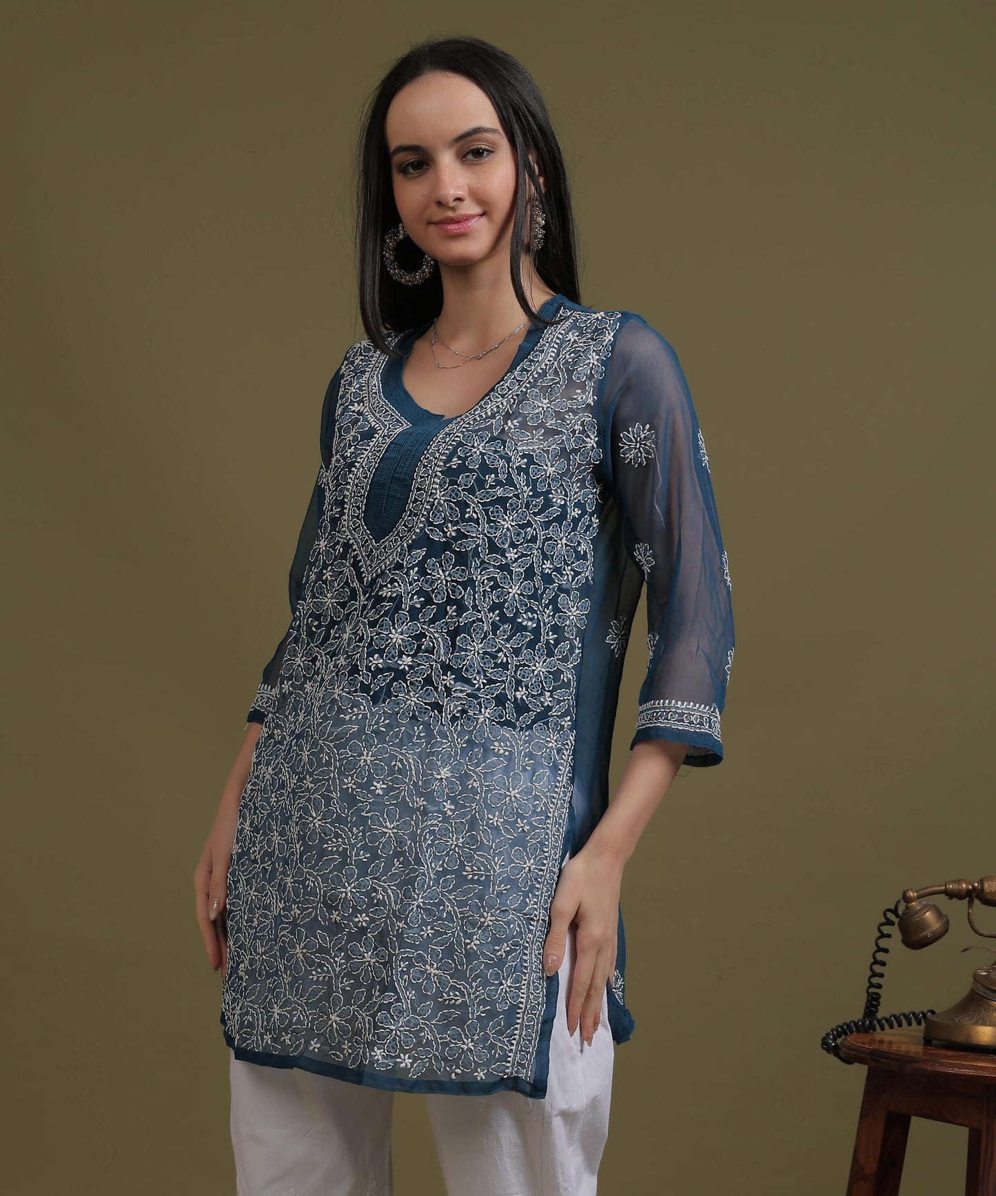 NEA Chikankari Teal Blue Georgette Short Kurti With White Embroidery